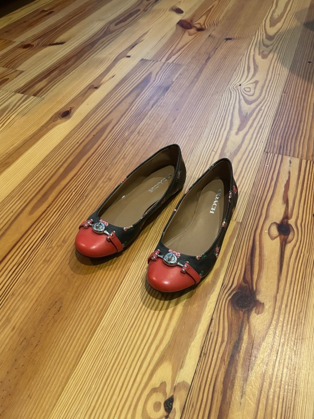 Coach Red Toe Black Floral Ballet Flats